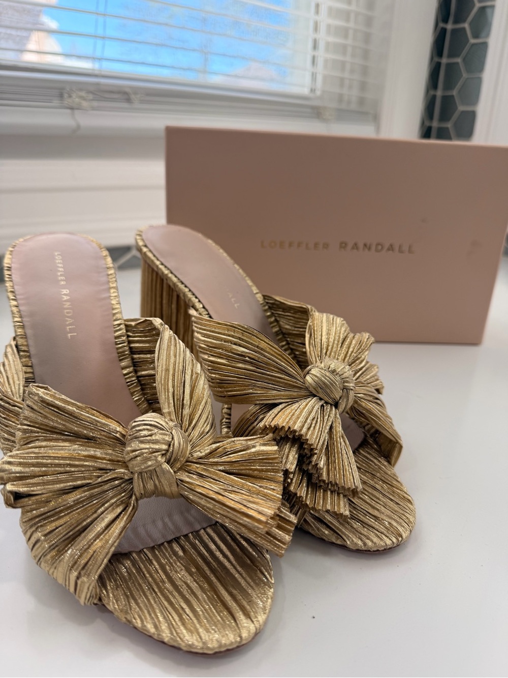 Loeffler Randall Metallic Gold Knotted Bow Block Heel Mules - Picture 8 of 10